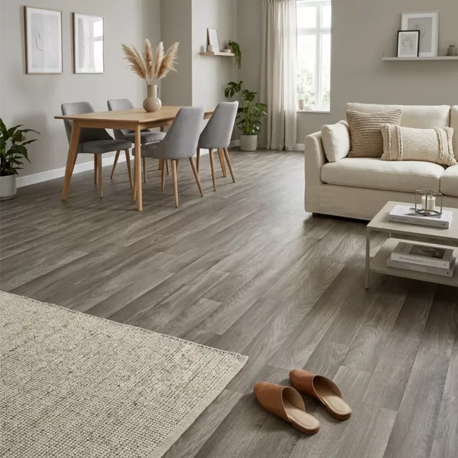 Wood-look vinyl sheet flooring in a furnished room